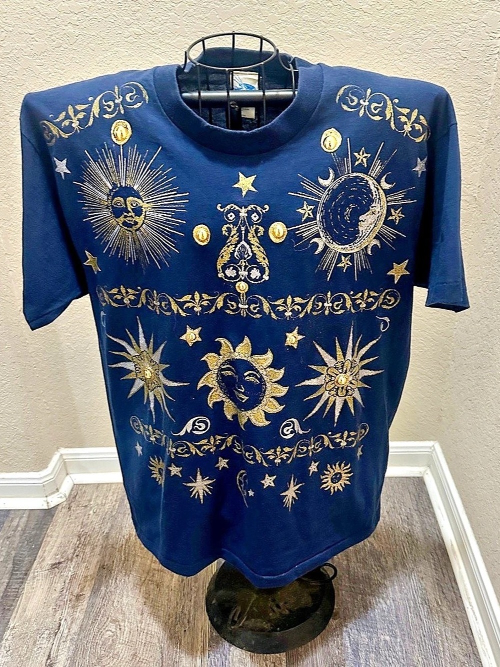 Vintage 90s Blue Celestial Sun Moon Stars Graphic T-Shirt One Size - Up to Large